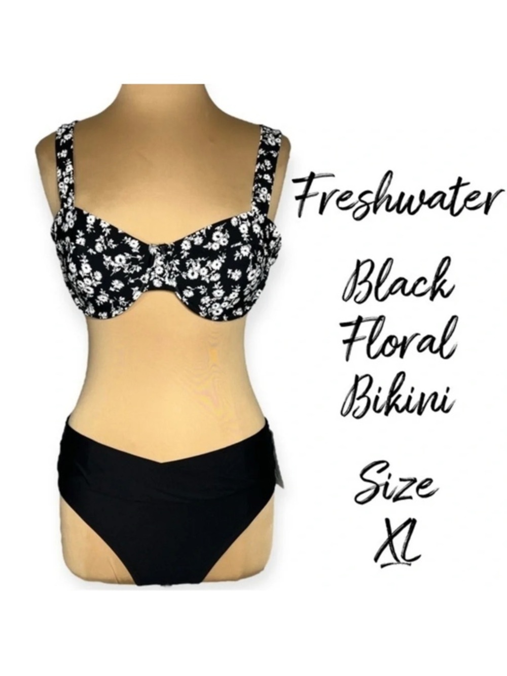 Freshwater size XL retro black and white floral bikini